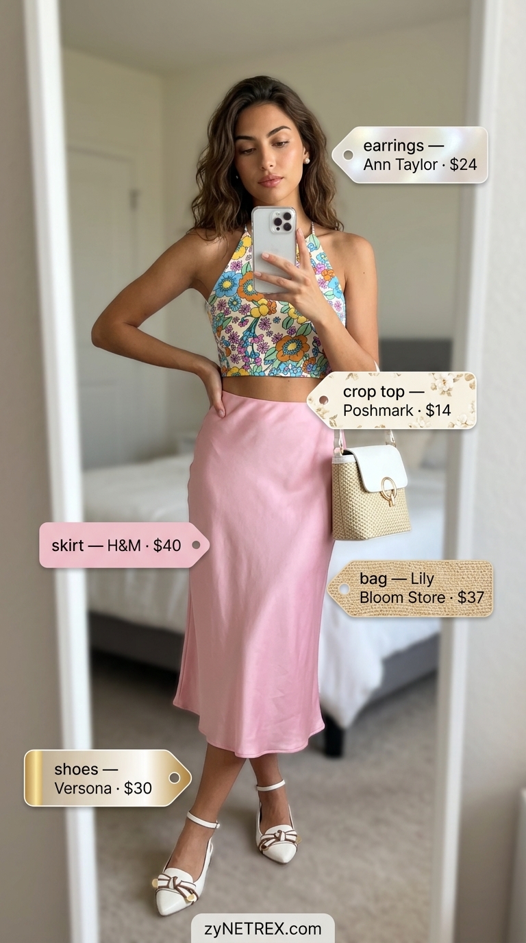 Feminine garden party outfit with a pastel floral halter summer crop top, pink midi skirt, and ballet flats. 2026.