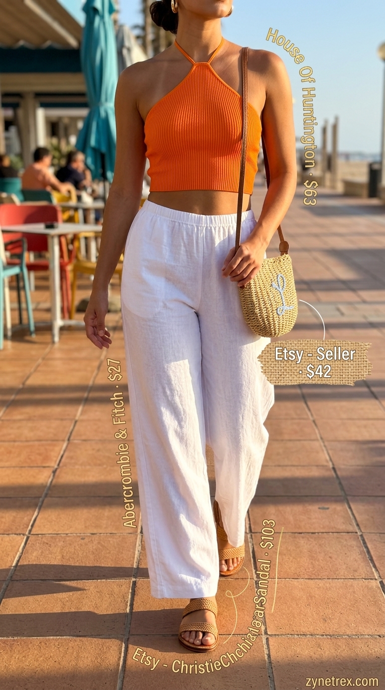 Vibrant sunset outfit featuring a tangerine halter summer crop top, white linen pants, and strappy flat sandals. 2026.