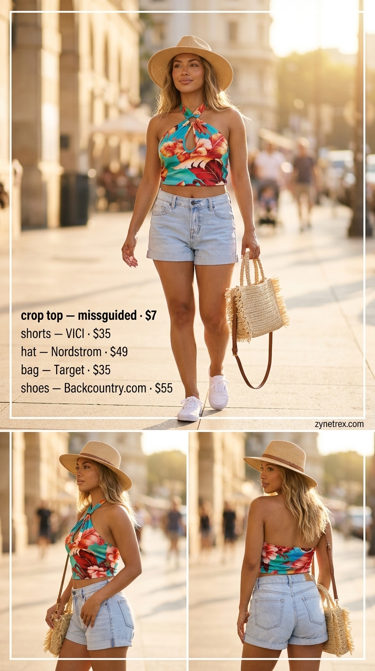 Tropical getaway outfit with a multicolor print halter summer crop top, denim shorts, straw hat, and crossbody bag. 2026.