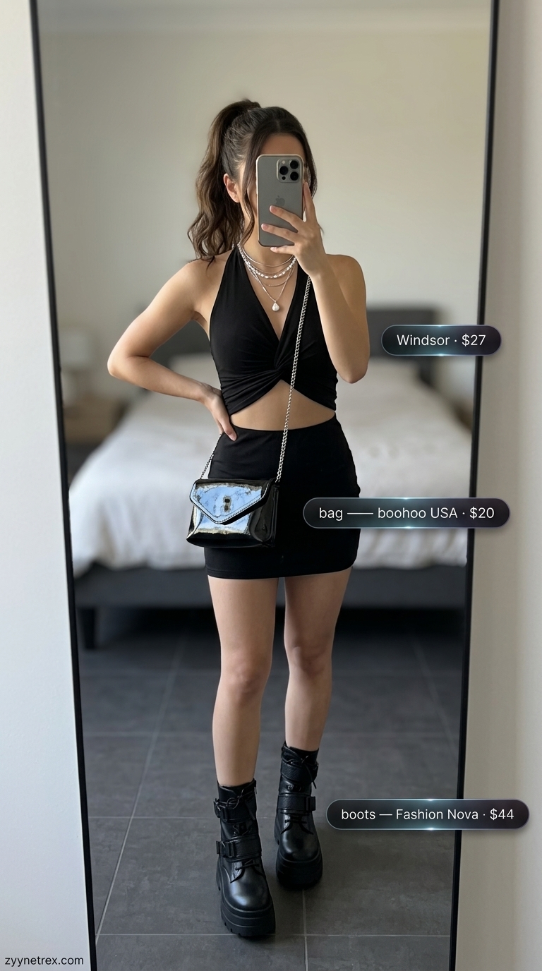 Modern utilitarian outfit featuring a black halter summer crop top, charcoal cargo pants, combat boots, and layered silver necklaces. 2026.