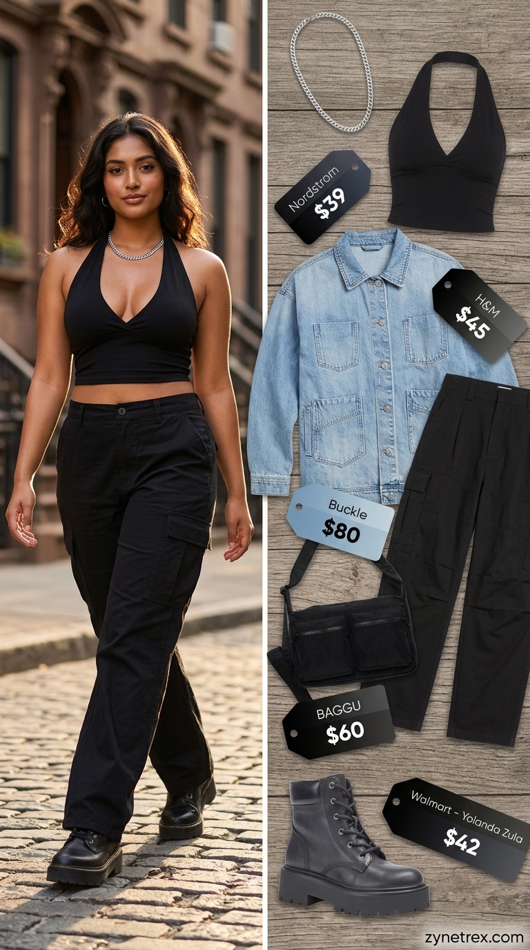 Edgy urban street style with a black halter summer crop top, oversized denim jacket, cargo pants, and combat boots. 2026.