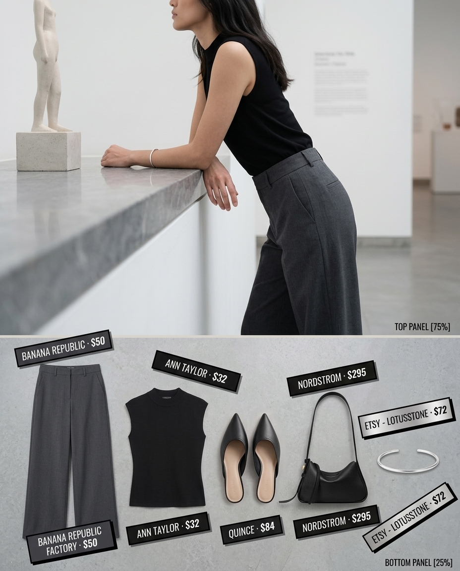 Charcoal grey high waist wide leg pants with a black mock-neck top for a sophisticated city look.