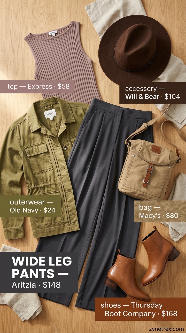 Khaki high waist wide leg pants with a tan knit top and utility jacket for safari chic style.