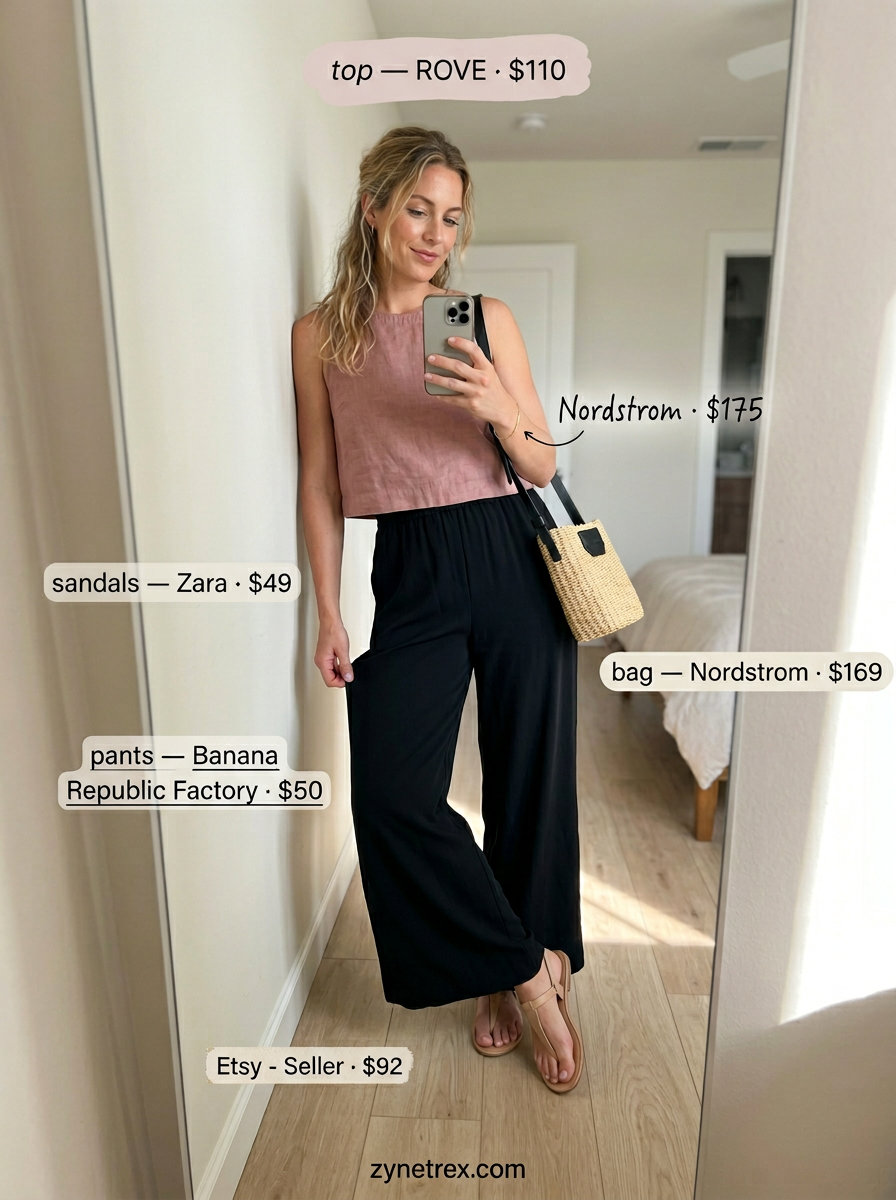 Dusty rose linen crop top with white wide leg pants and flat sandals for a chic summer look.