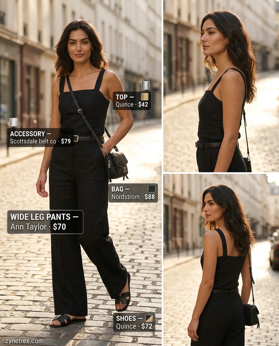 Olive green high waist wide leg pants with a black tank top and leather slides for a minimalist look.
