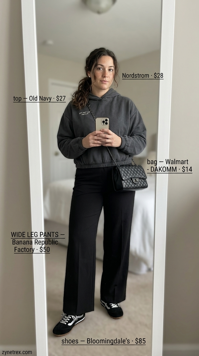 Charcoal grey high waist summer wide leg pants outfit for women 2026 with cropped hoodie and fashion sneakers.