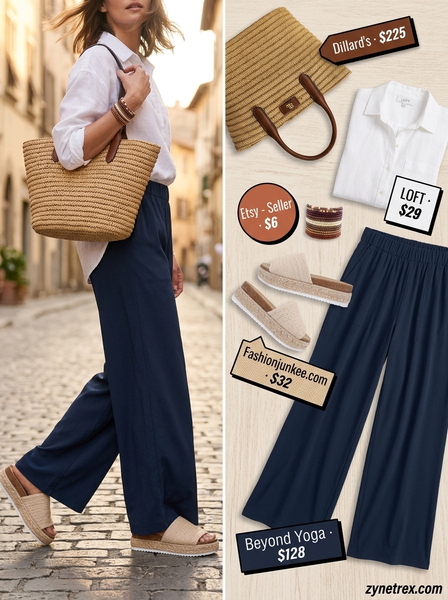 High waist summer wide leg pants outfits for women 2026: Floral pants, linen shirt, espadrilles for a bohemian vibe.