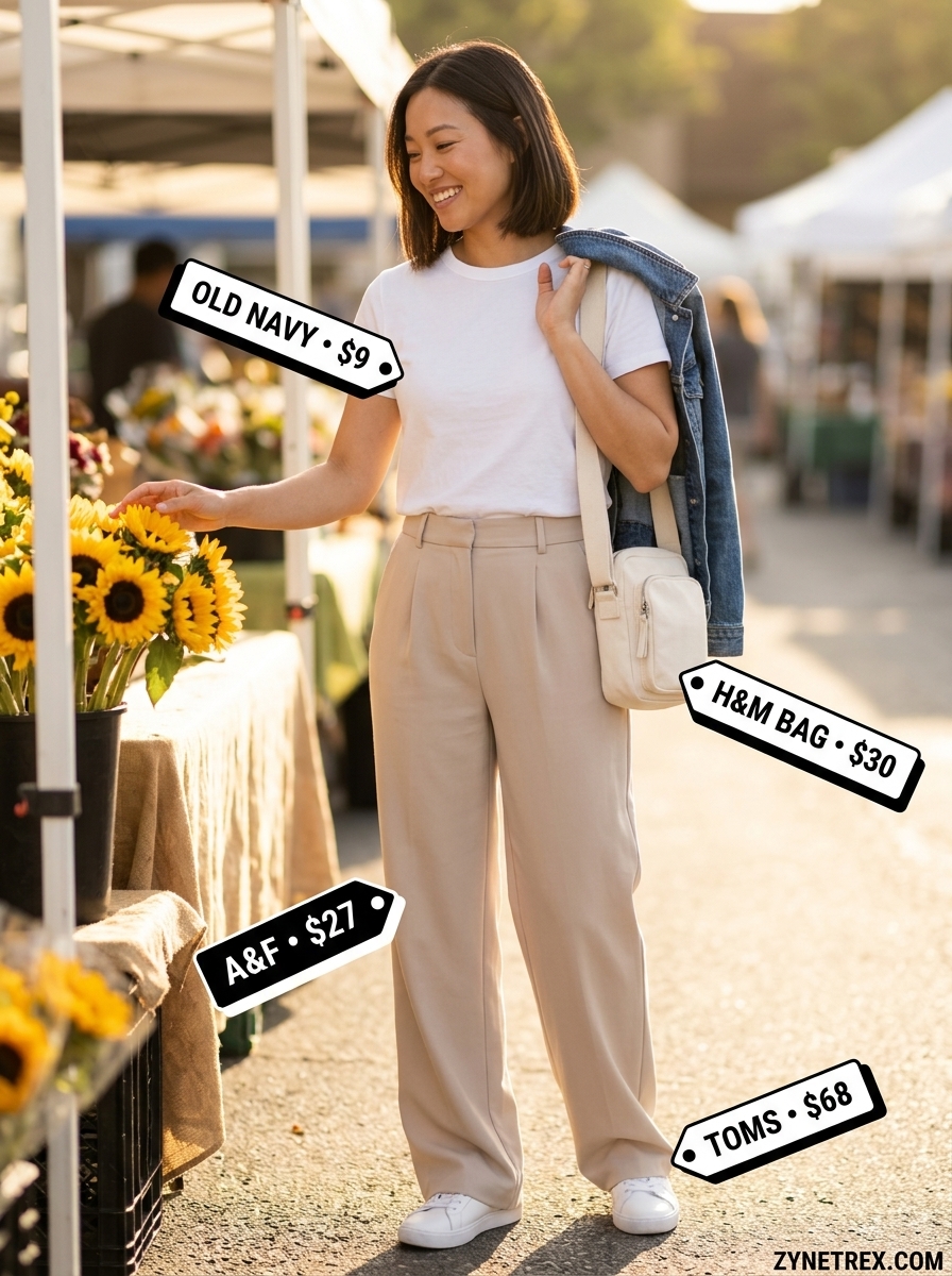High waist summer wide leg pants outfits for women 2026: Khaki pants, white tee, denim jacket, sneakers for city exploration.