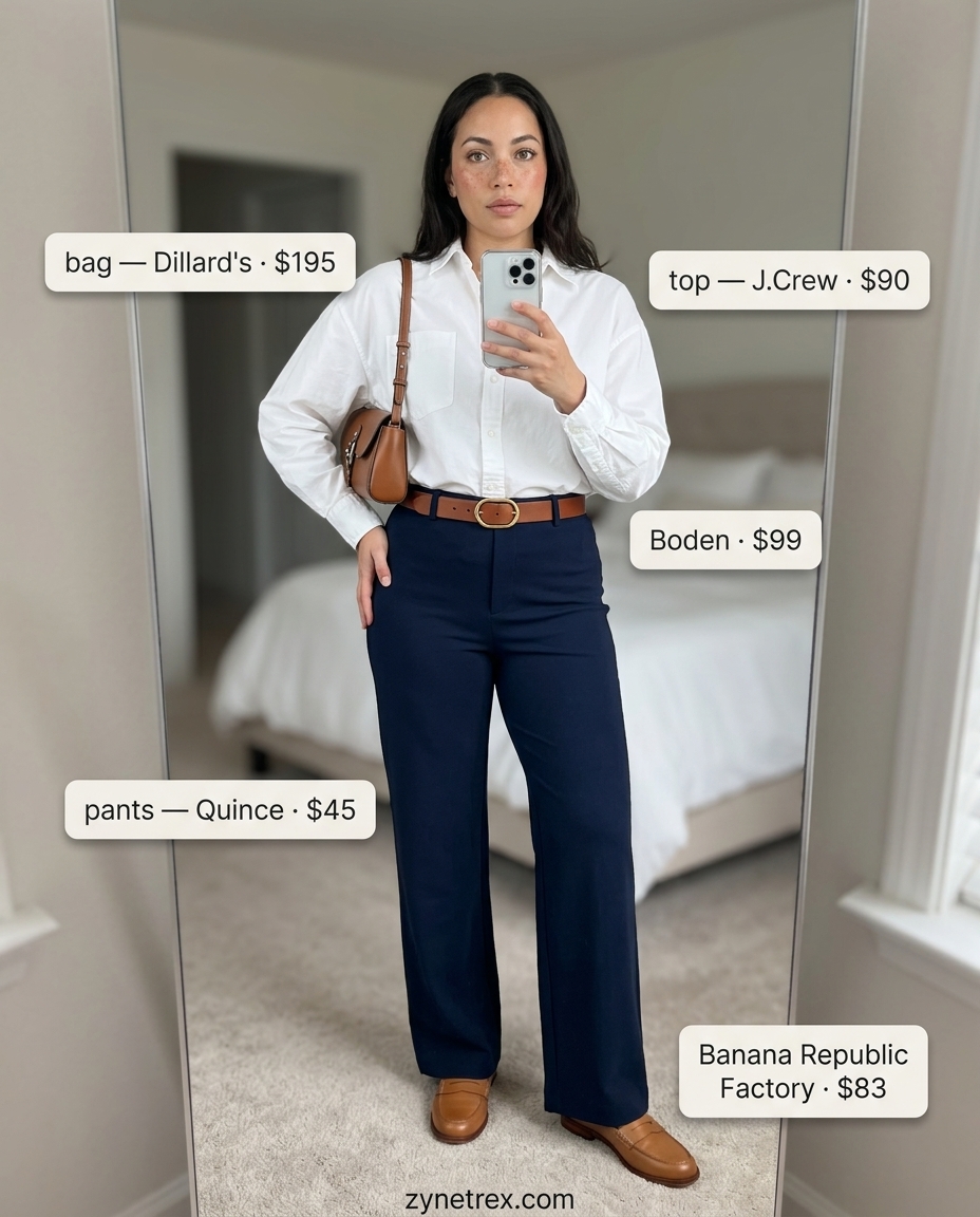 Navy and white high waist summer wide leg pants outfit for women 2026 with crisp shirt and loafers.