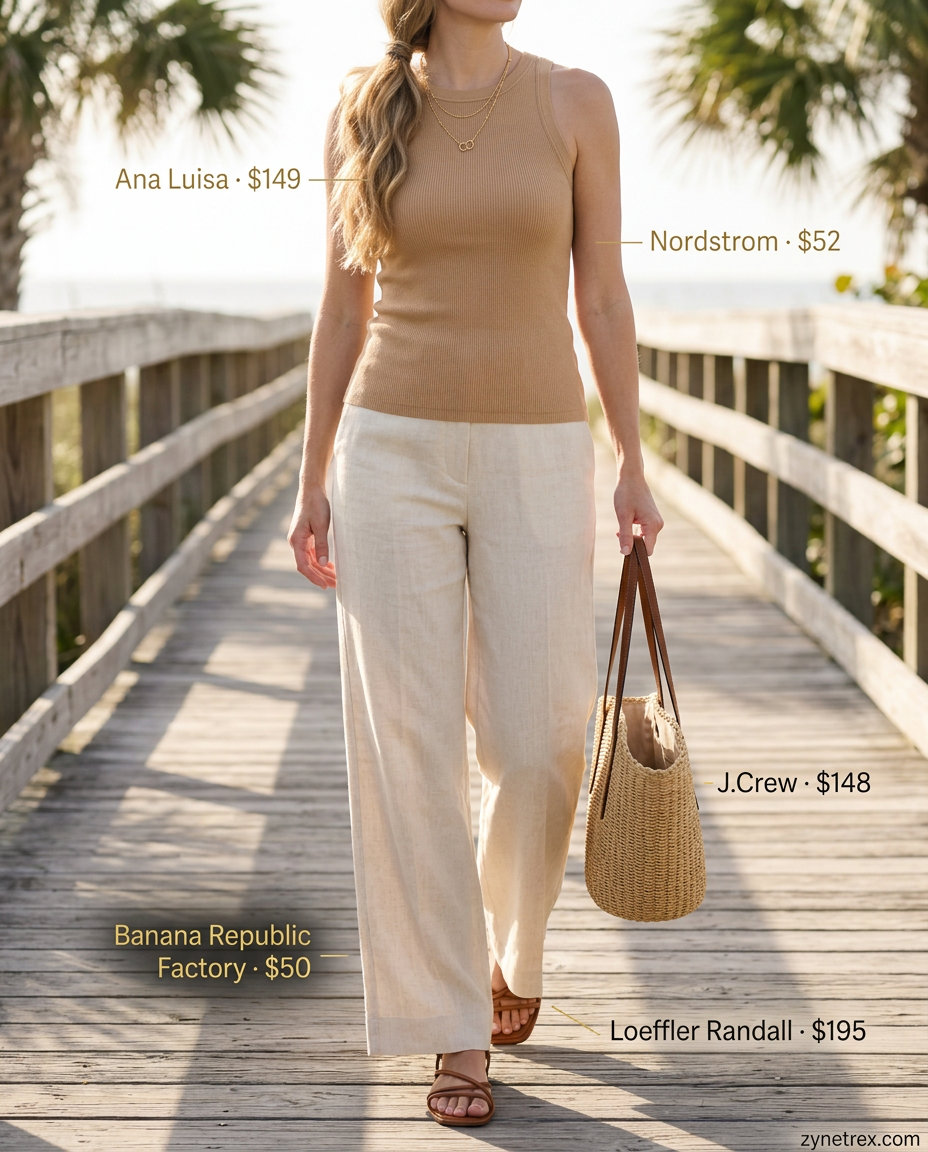 High waist summer wide leg pants outfits for women 2026: Cream linen pants, tan knit top, flat sandals for a coastal vibe.