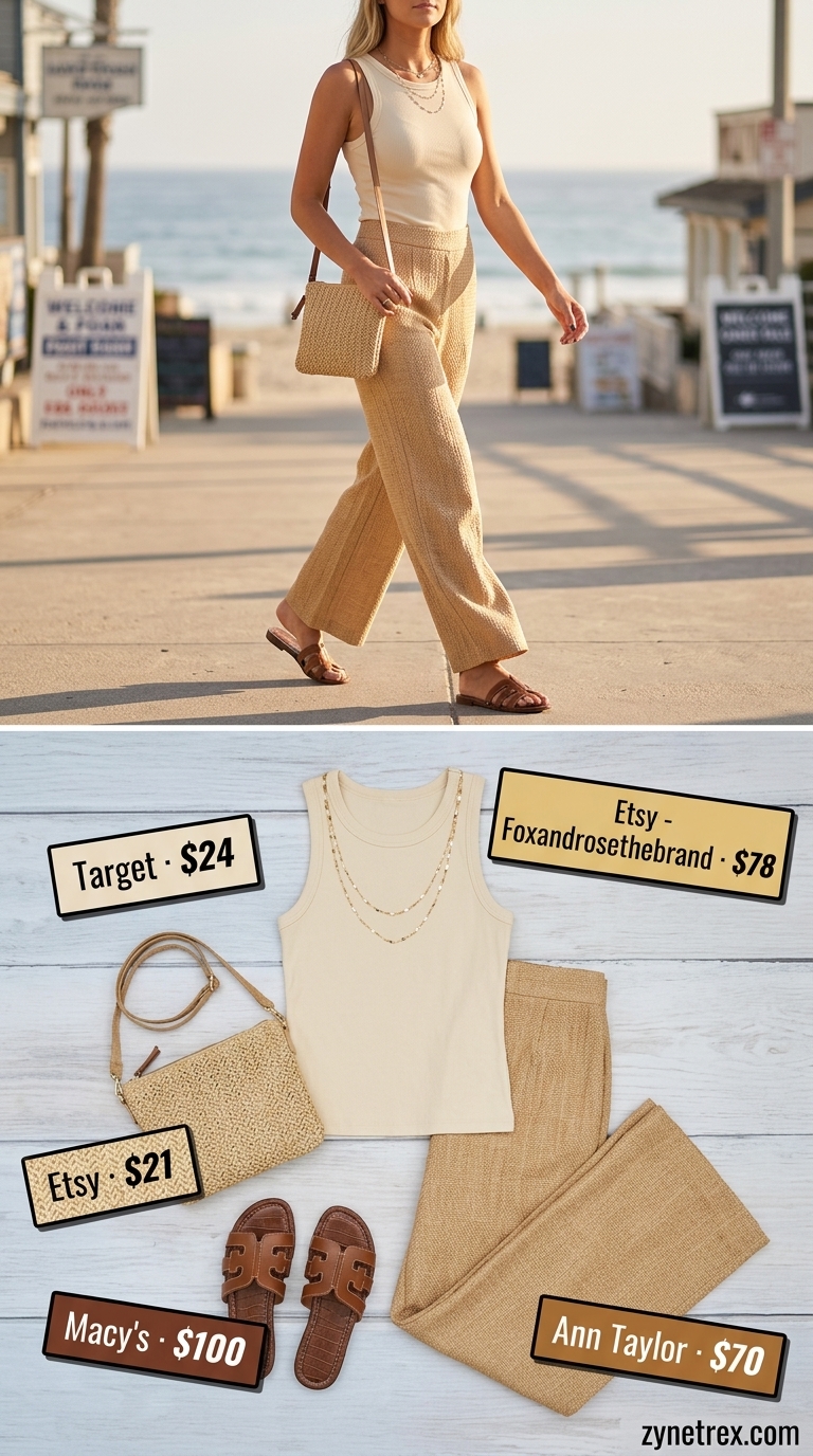 Seafoam green high waist summer wide leg pants outfit for women 2026 with cream tank, straw bag, and gold necklace.