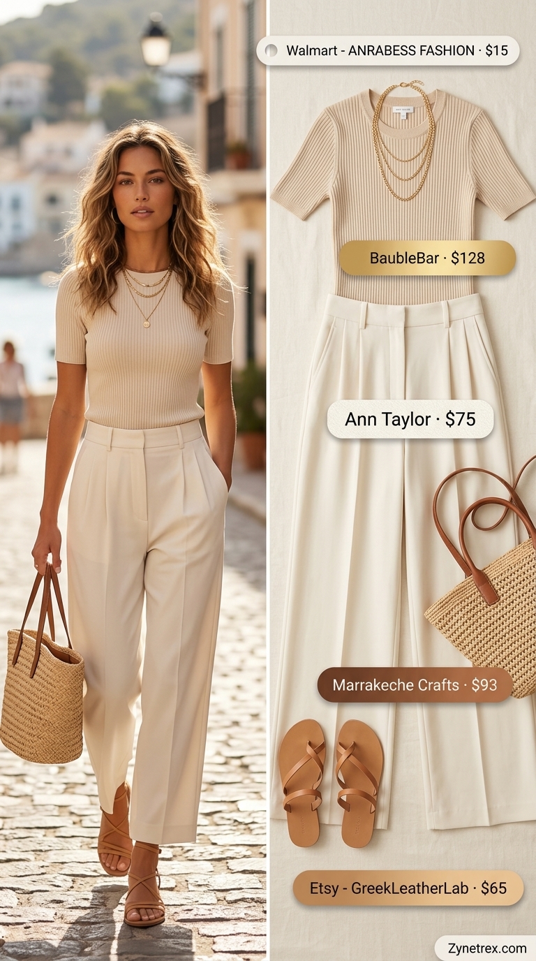 Cream high waist summer wide leg pants outfit for women 2026 with tan knit top, straw bag, and gold jewelry.