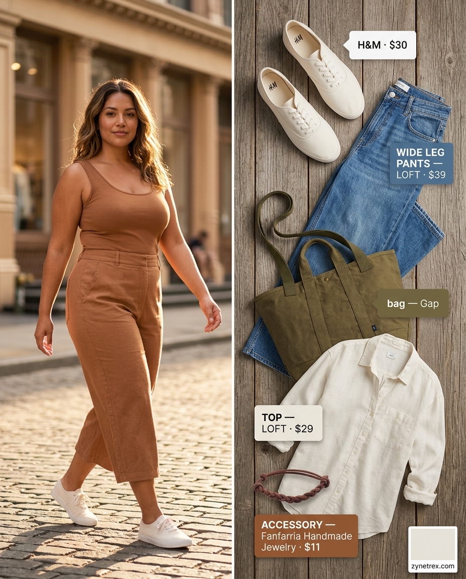 Denim high waist summer wide leg pants outfit for women 2026 with white linen shirt and canvas sneakers.