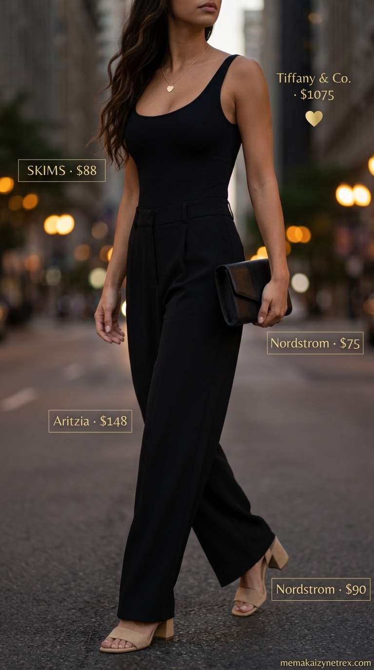 Mustard yellow high waist summer wide leg pants outfit for women 2026 with black bodysuit and block heels.