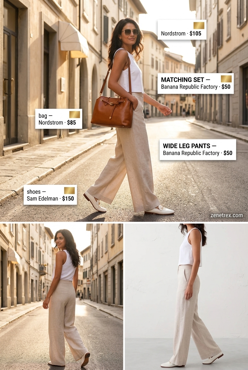 Natural beige linen set with high waist wide leg pants and cropped shirt, perfect for summer.