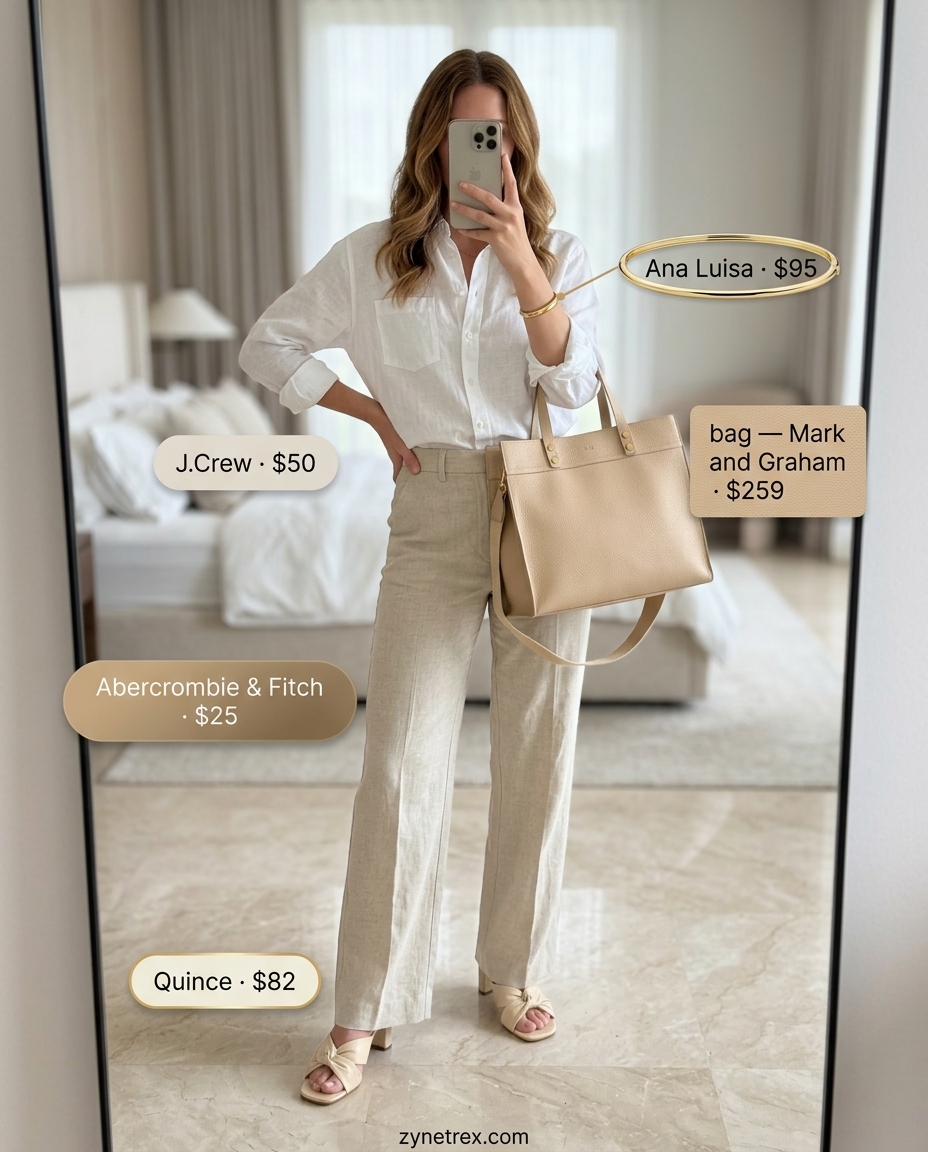 High waist summer wide leg pants outfits for women 2026: Beige linen pants, white shirt, mules for a sophisticated look.