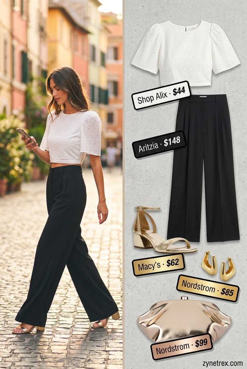 High waist summer wide leg pants outfits for women 2026: Coral pants, white eyelet top, gold heels for a festive evening.