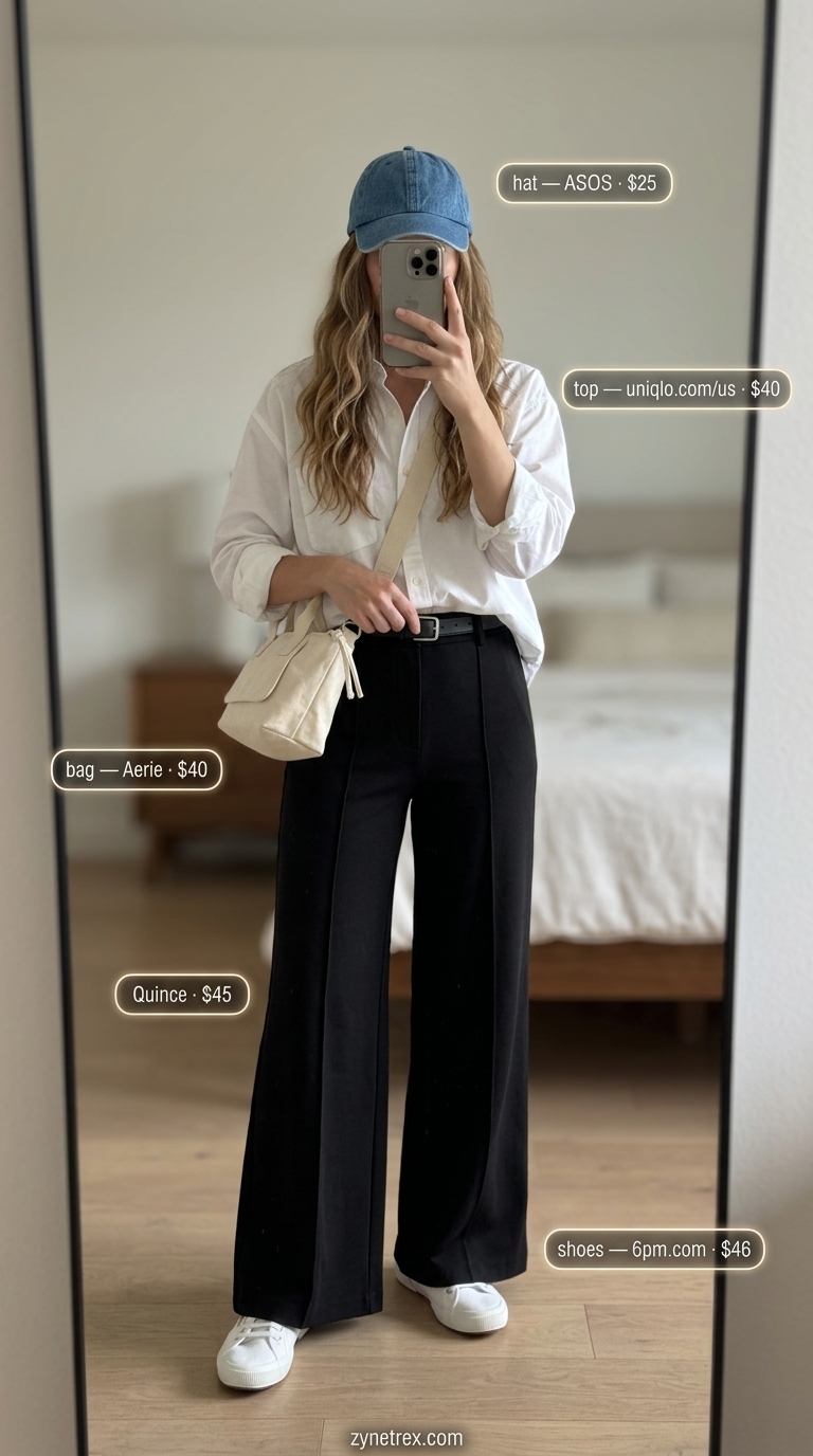 High waist summer wide leg pants outfits for women 2026: Denim pants, white shirt, sneakers for a weekend wanderer look.
