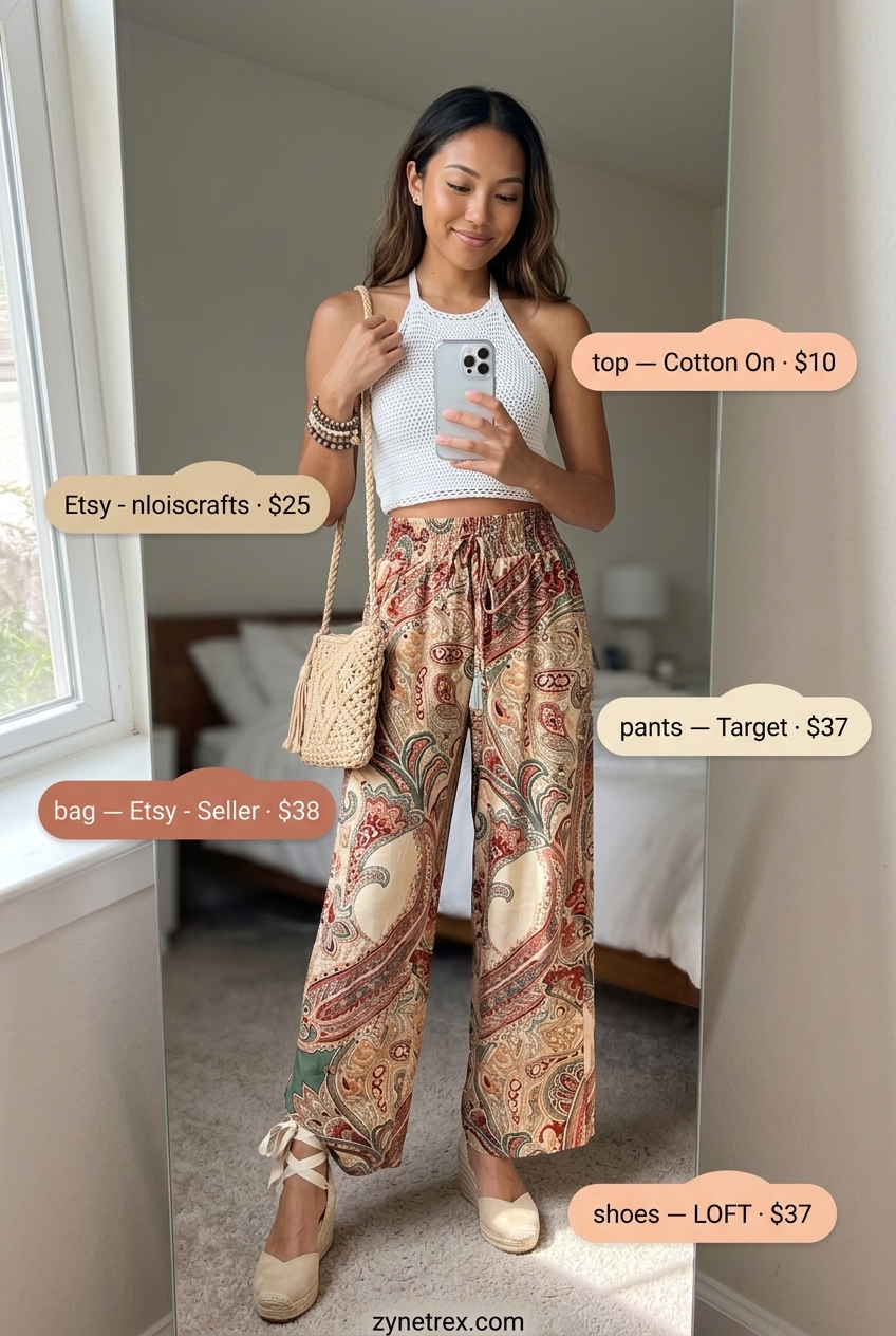 Terracotta and cream paisley print high waist wide leg pants with crochet top for a boho beach look.