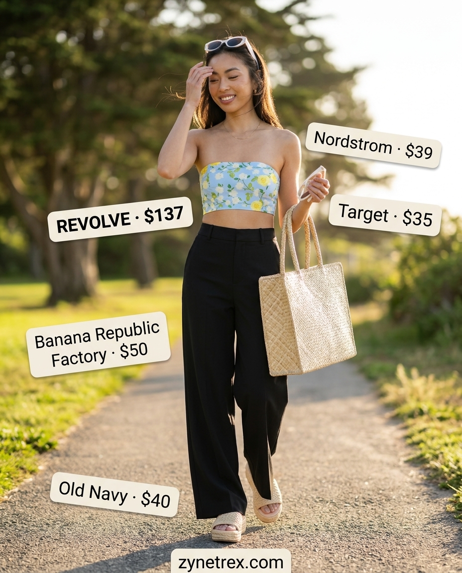 Sky blue wide leg pants with a matching bandeau top and espadrilles for a vacation look.