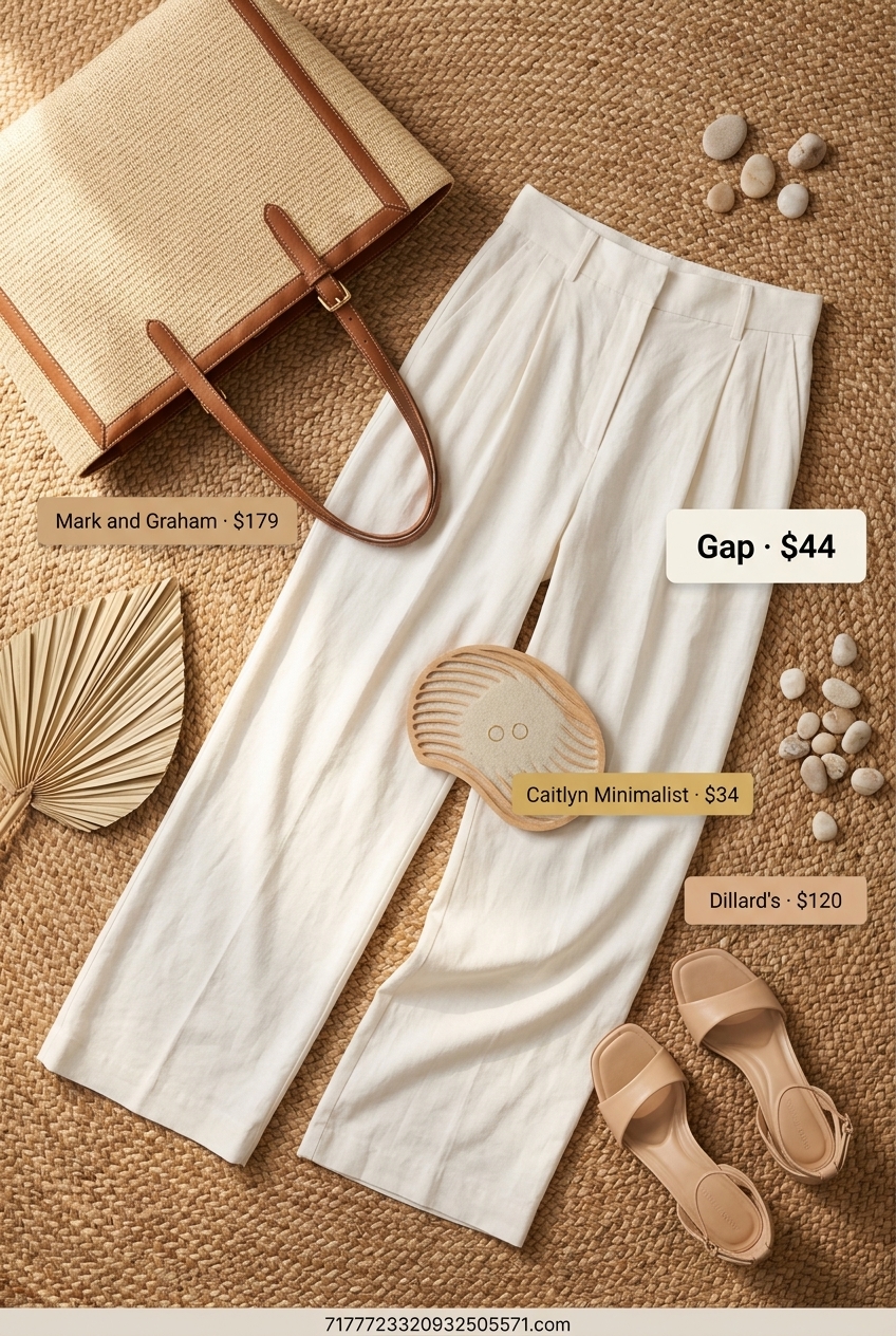 White linen wide leg pants and oversized shirt with gold earrings for a sophisticated garden party.
