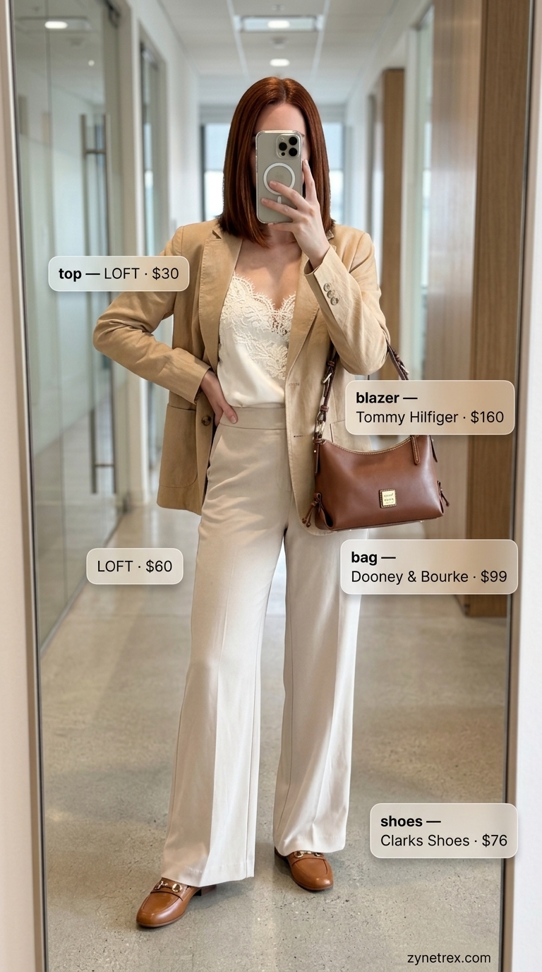Light summer business casual outfit for women 2026: Beige blazer, camel trousers, ivory camisole for professional meetings.