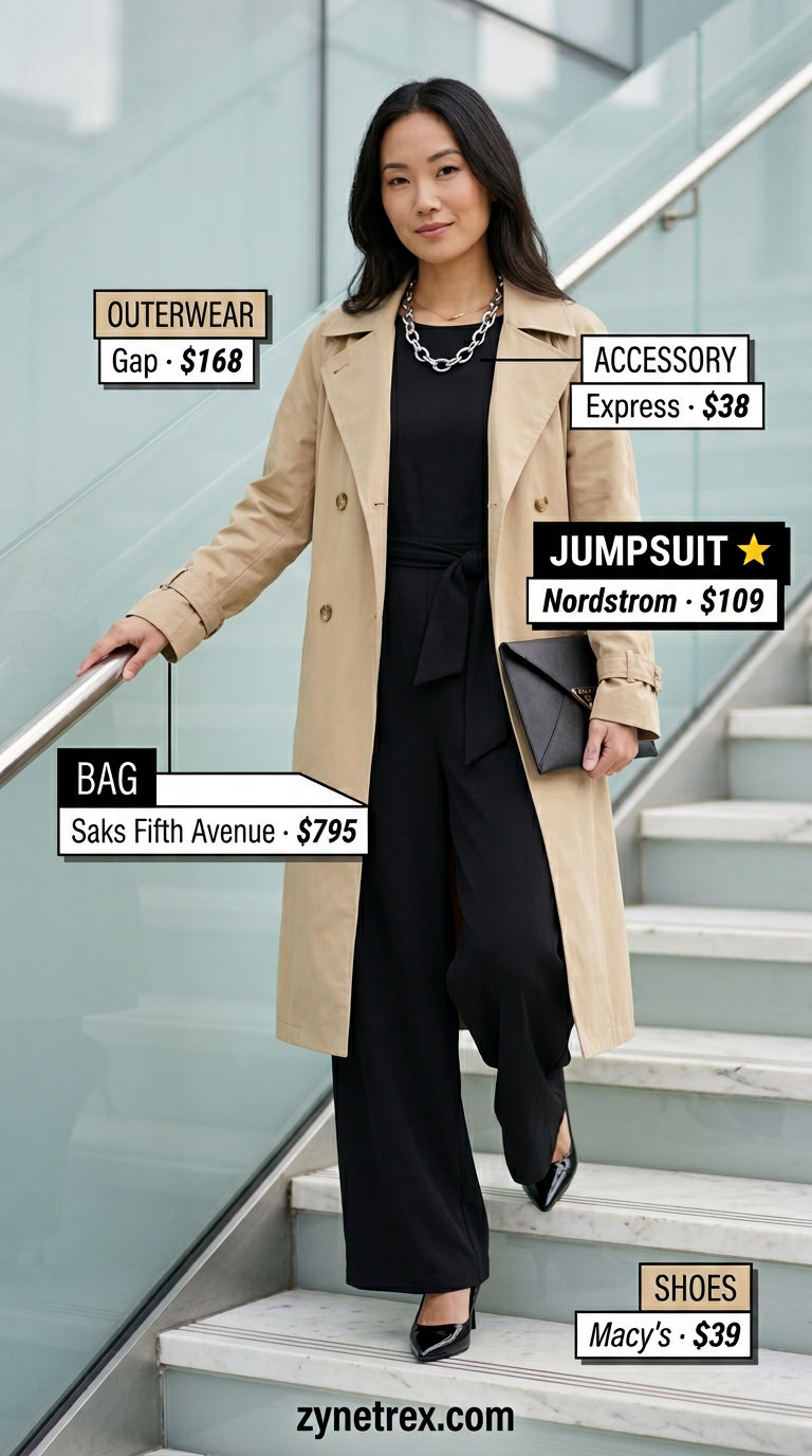 Light summer business casual outfit for women 2026: Black jumpsuit, trench coat, silver necklace for modern chic.