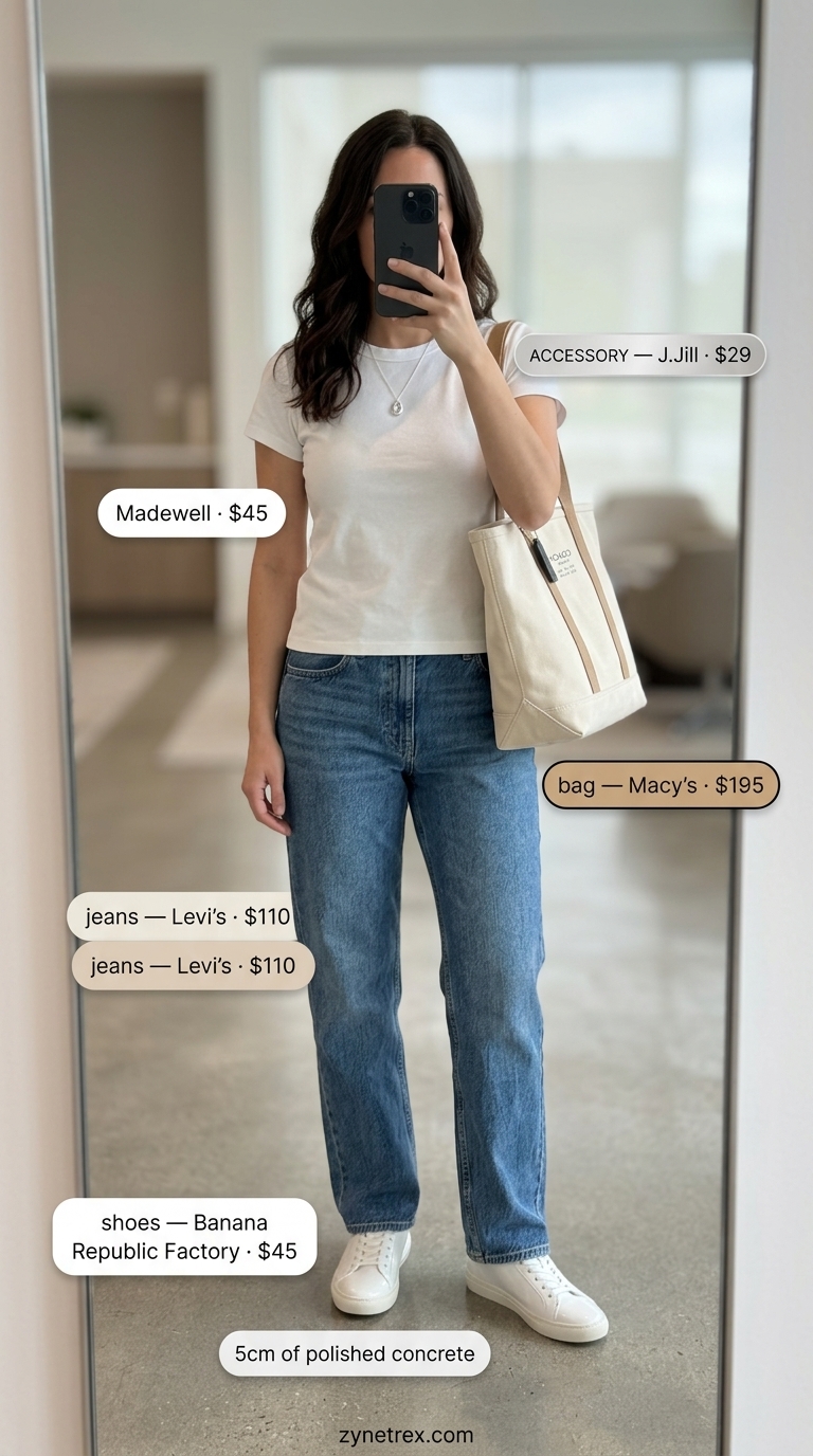 Light summer business casual outfit for women 2026: Relaxed jeans, white knit top, and tote for Casual Friday.