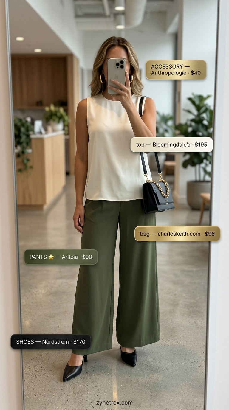 Light summer business casual outfit for women 2026: Olive green wide-leg pants, cream blouse, black mules.