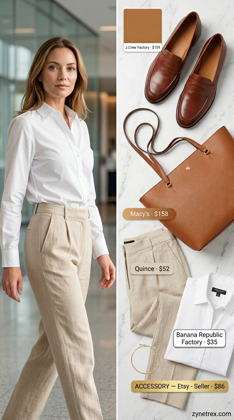 Light summer business casual outfit for women 2026: Beige linen pants, white button-down, loafers.
