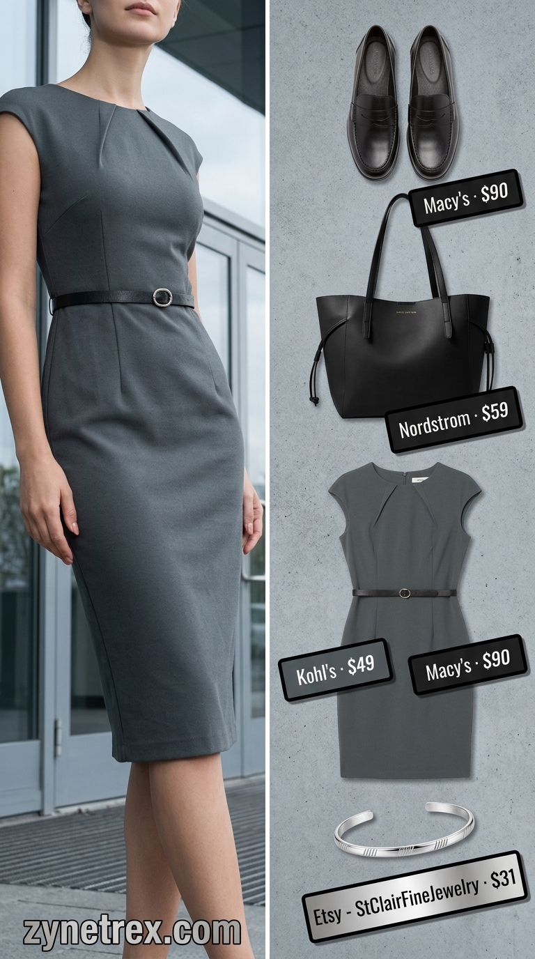 Light summer business casual outfit for women 2026: Charcoal grey knit dress, black loafers.