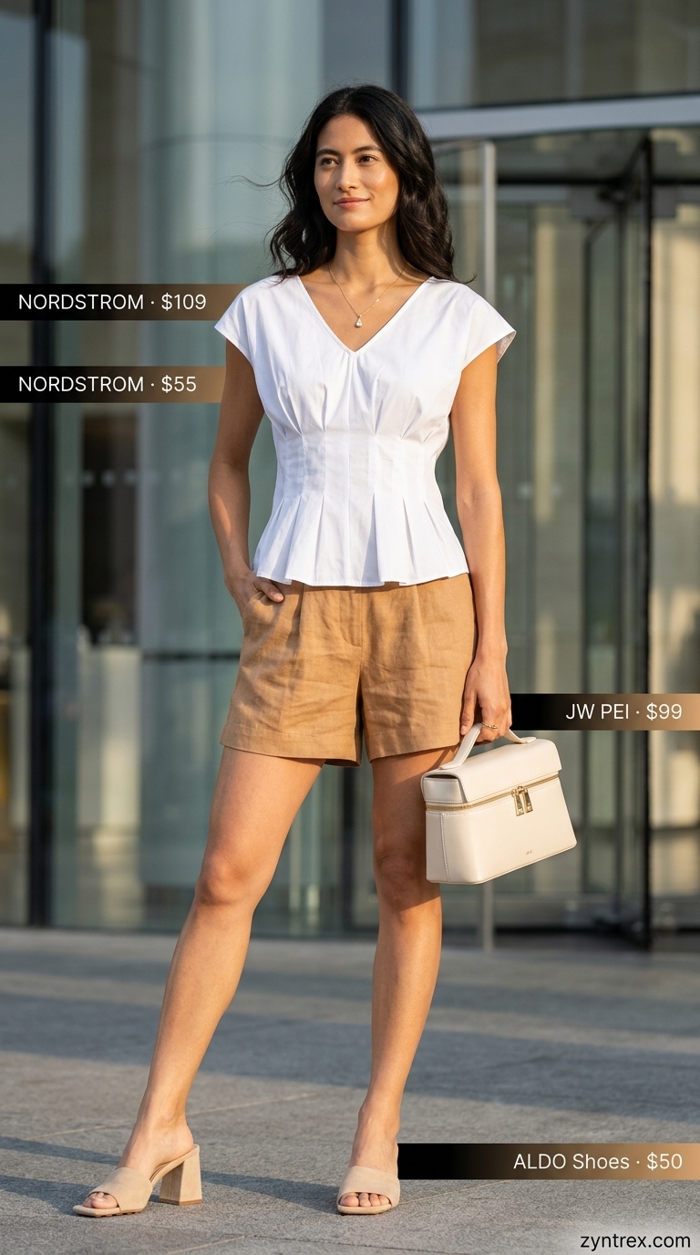 Light summer business casual outfit for women 2026: Light blue linen shorts, white blouse, mules.