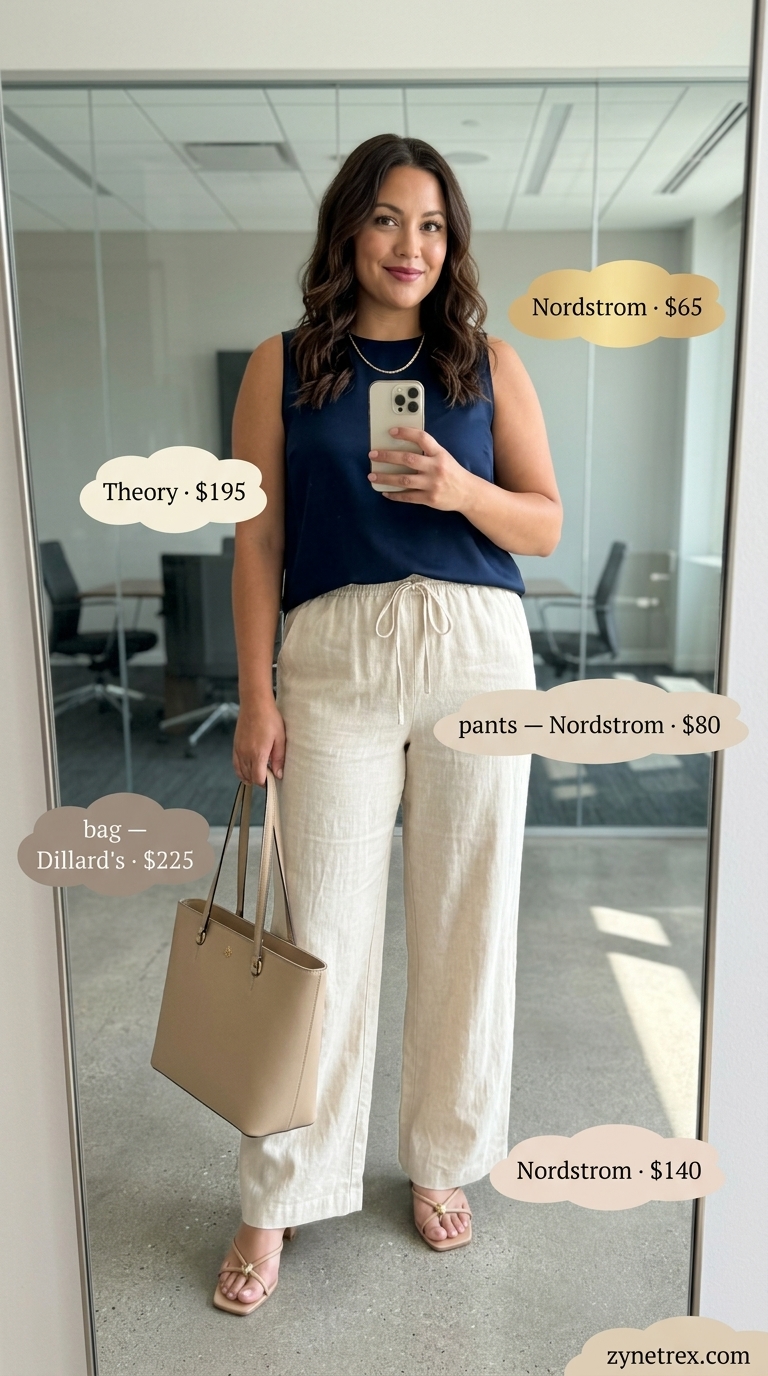 Light summer business casual outfit for women 2026: Cream linen pants, navy silk top, tan sandals.