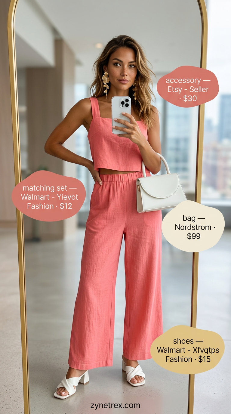 Light summer business casual outfit for women 2026: Coral pink matching set, white mules.