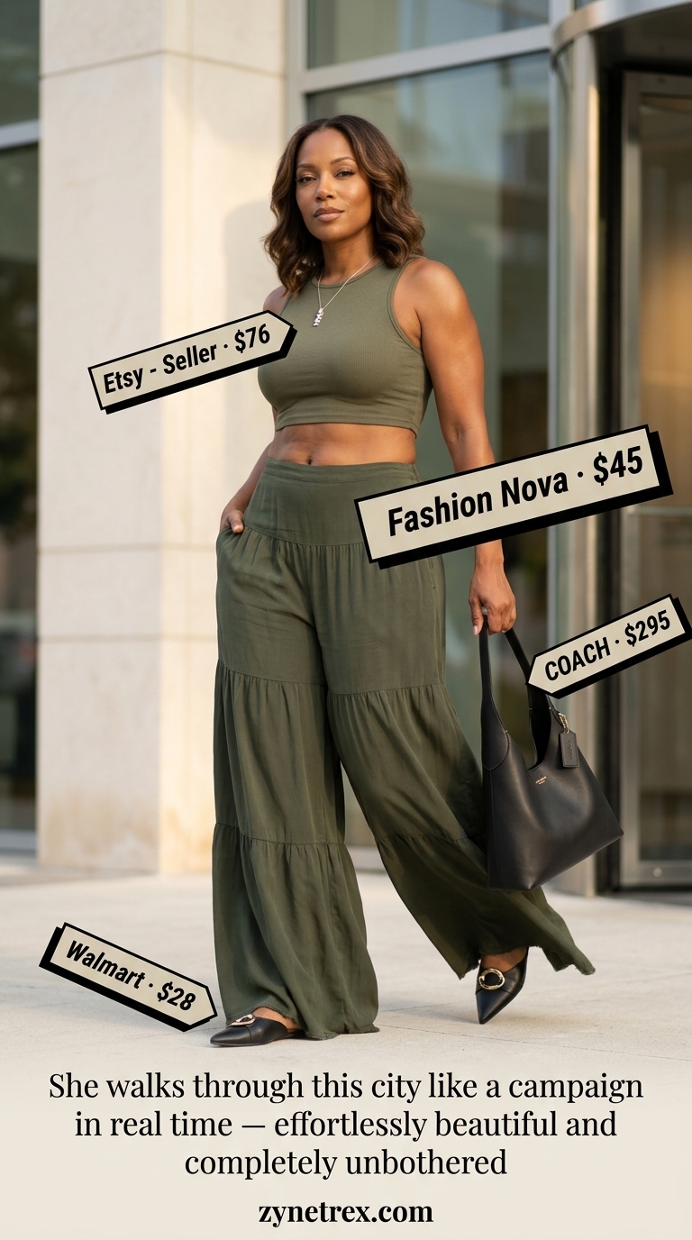 Light summer business casual outfit for women 2026: Olive green matching set, black mules.