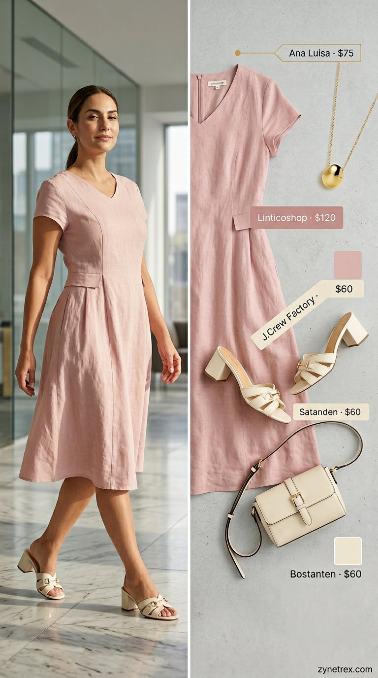 Light summer business casual outfit for women 2026: Dusty rose midi dress, ivory mules for a fresh office look.