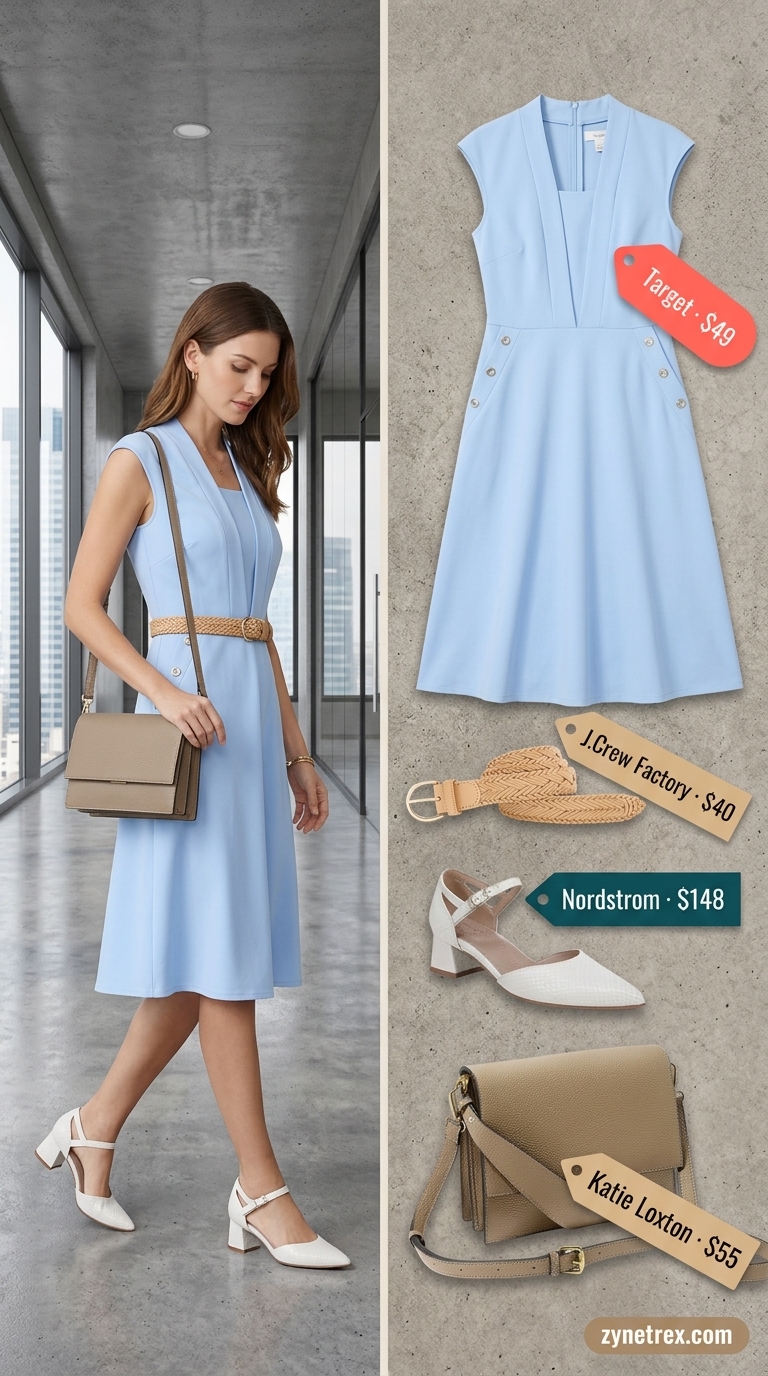 Light summer business casual outfit for women 2026: Pale blue midi dress, tan belt, white pumps.