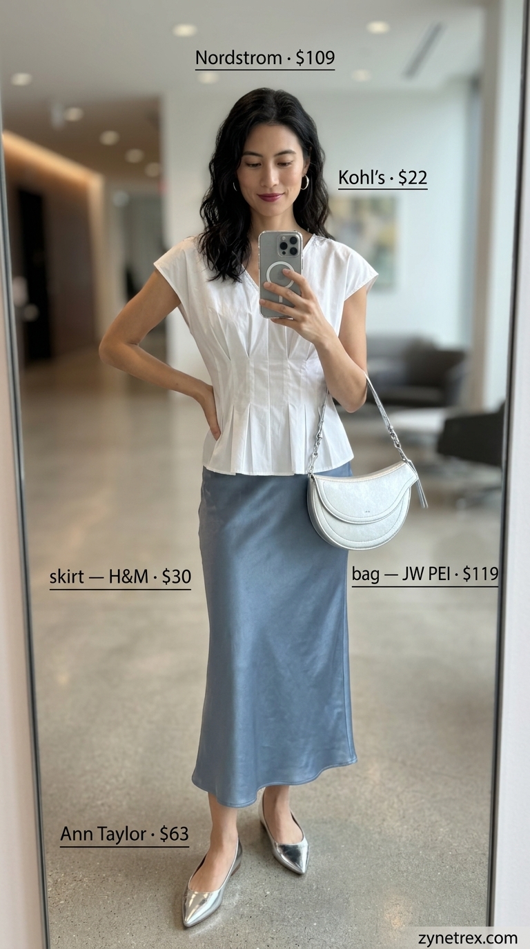 Light summer business casual outfit for women 2026: Muted blue A-line skirt, white V-neck blouse.