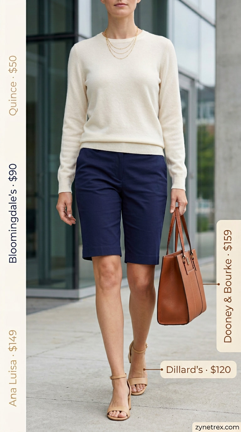 Light summer business casual outfit for women 2026: Navy Bermuda shorts, cream sweater, tan tote bag.