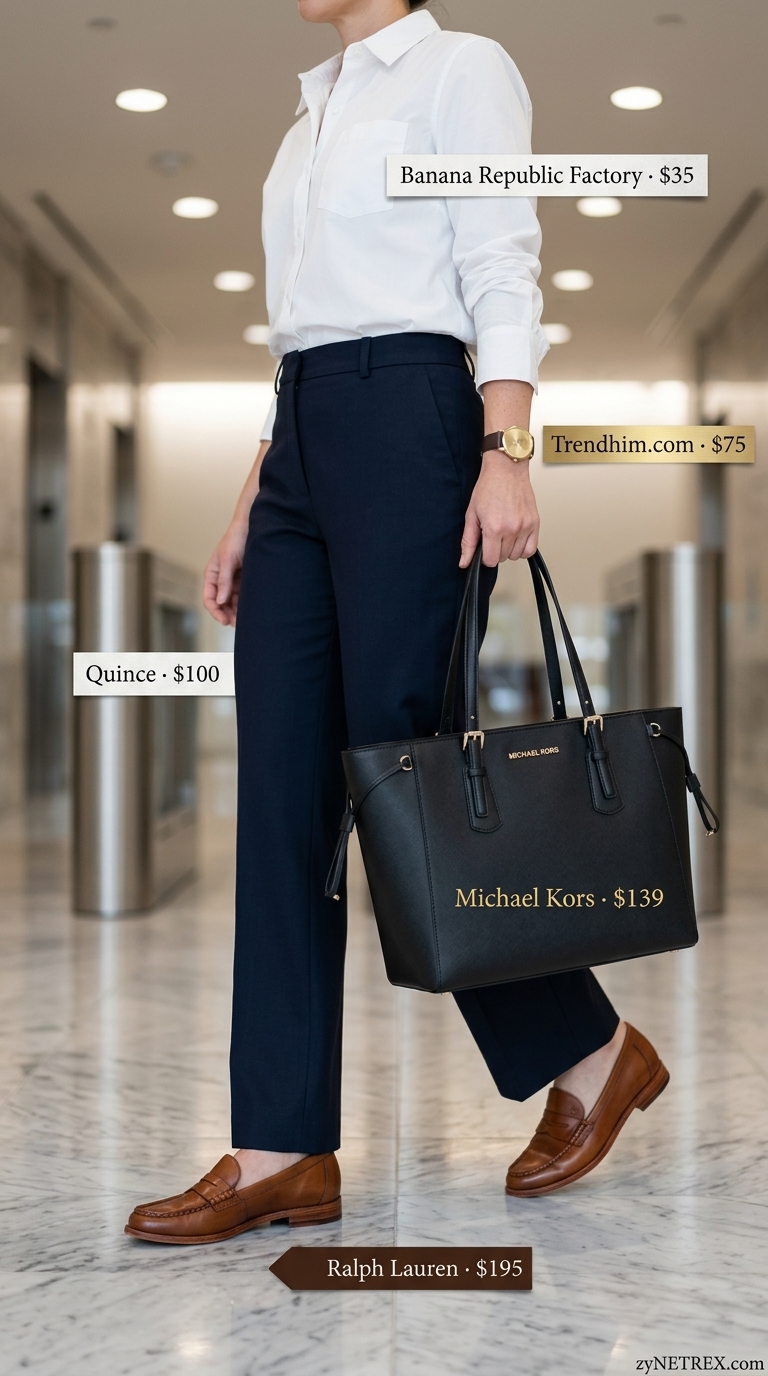 Light summer business casual outfit for women 2026: Navy trousers, white shirt, tan loafers for office chic.