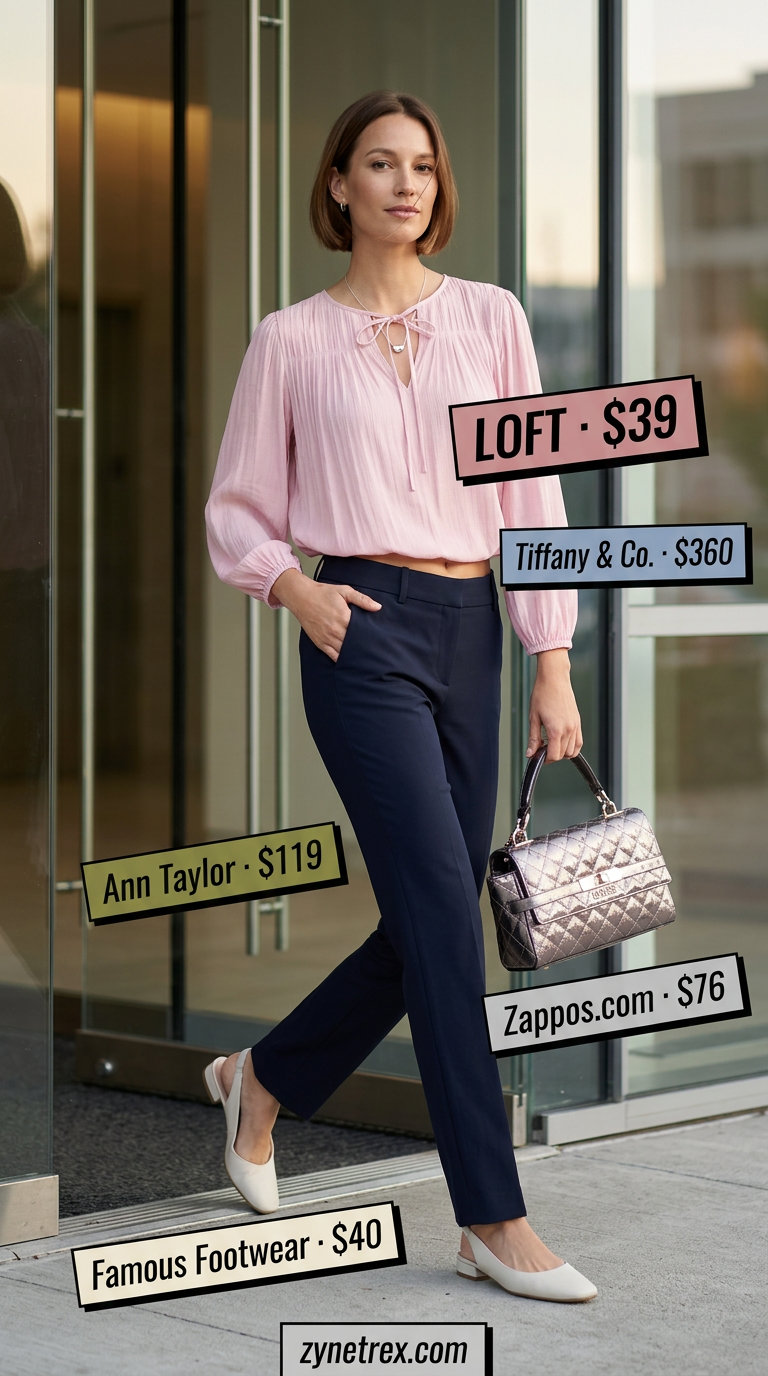 Light summer business casual outfit for women 2026: Navy trousers, dusty rose blouse, cream flats.