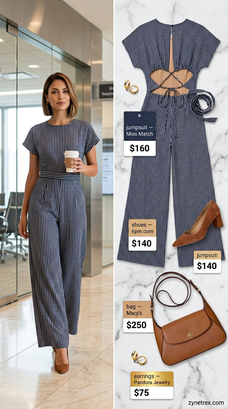 Light summer business casual outfit for women 2026: Navy pinstripe jumpsuit, tan block heels.