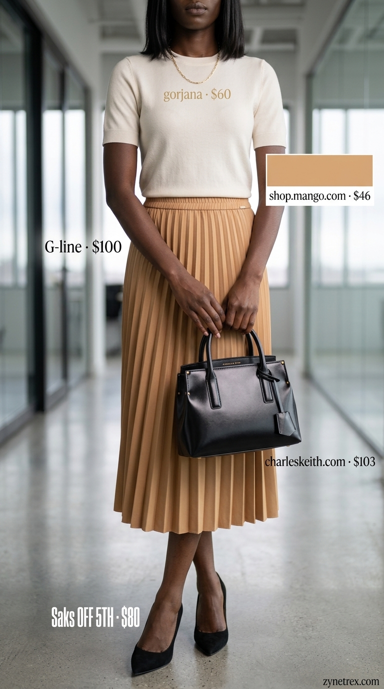 Light summer business casual outfit for women 2026: Camel pleated skirt, cream knit top, black heels.