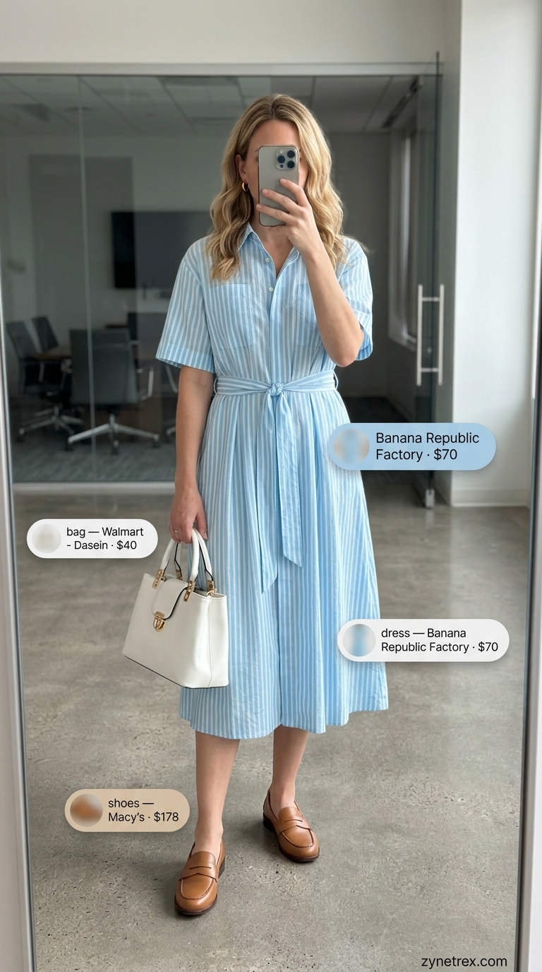 Light summer business casual outfit for women 2026: Light blue shirt dress, tan loafers for a classic office look.