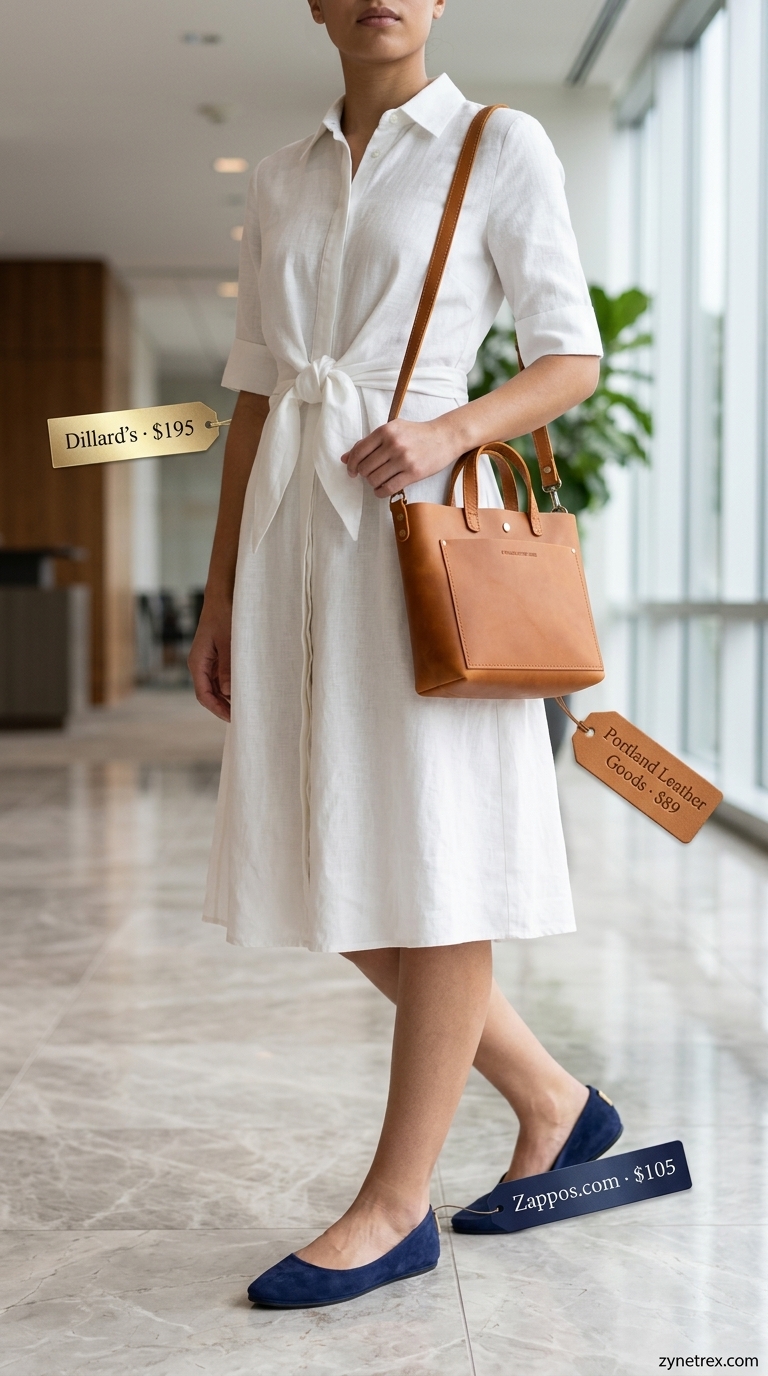 Light summer business casual outfit for women 2026: White shirt dress, tan belt, navy flats.