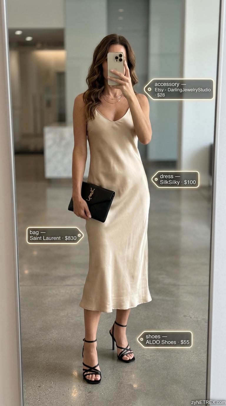 Light summer business casual outfit for women 2026: Champagne slip dress, black heels for evening elegance.