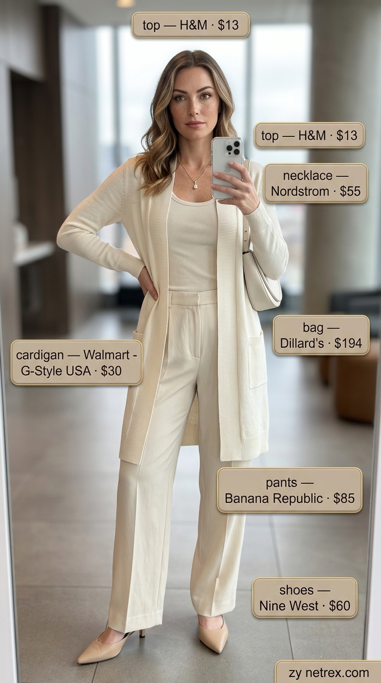 Light summer business casual outfit for women 2026: Cream wide-leg pants, knit tank, nude mules for sophisticated style.