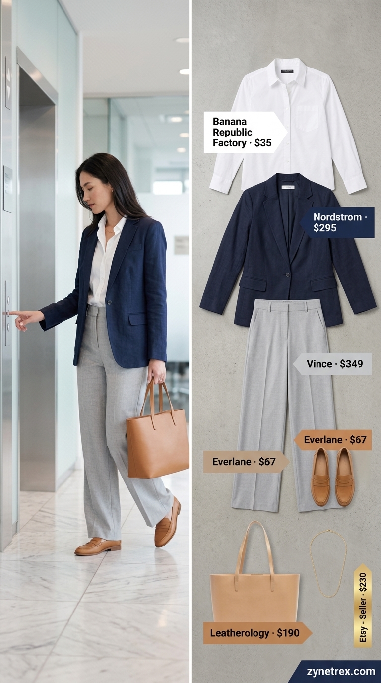 Light summer business casual outfit for women 2026: Grey wide-leg pants, white shirt, navy blazer.