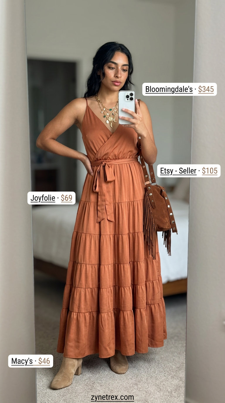 Bohemian Linen Wrap Dress Outfits 2026 Terracotta linen summer wrap dress outfits 2026, bohemian festival style with suede boots and layered necklaces.