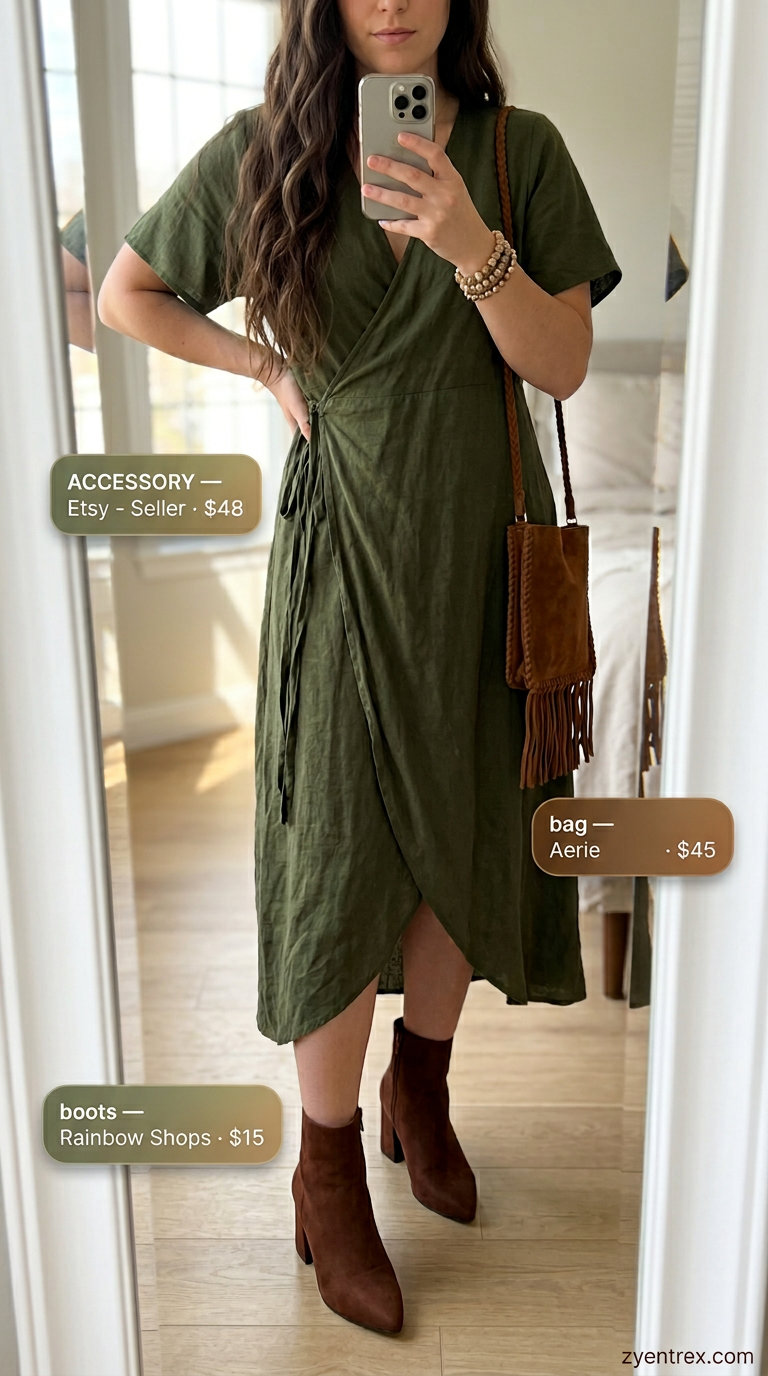 Boho Linen Wrap Outfits 2026 Boho olive green linen maxi wrap dress with bell sleeves, suede boots & fringe crossbody bag.